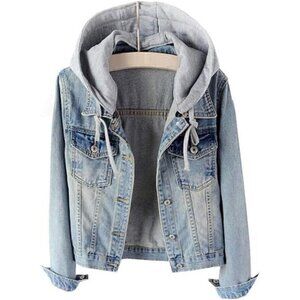 Womens Denim Jacket Hoodie Casual Detachable Ripped Button Front Long Sleeve